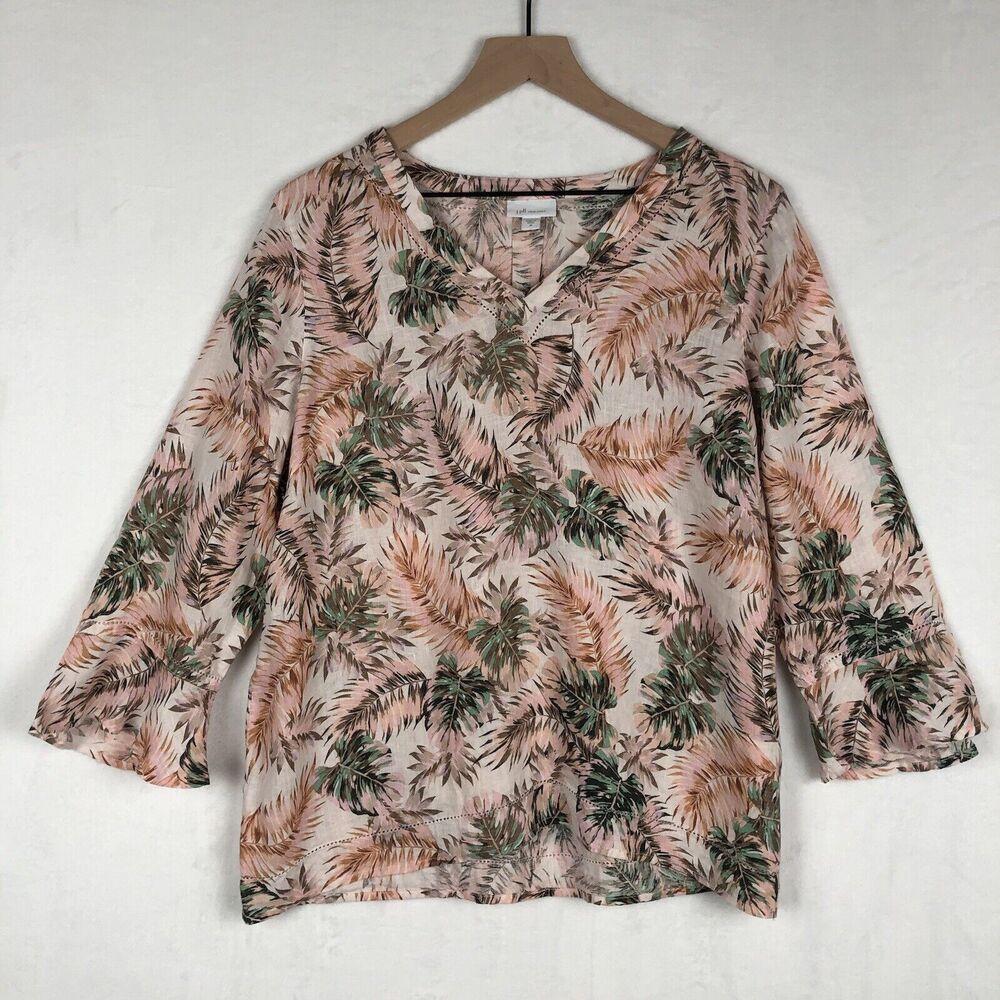 J. JILL Love Linen Top‎ Women's Sz M Tropical Tunic Pullover V-Neck 3/4 Flutter